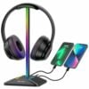 New bee RGB Headphone Stand with 1 USB-C Charging Port and 1 USB Charging Port, Desk Gaming Headset Holder with 7 Light Modes and Non-Slip Rubber Base Suitable for All Earphone Accessories (Black)