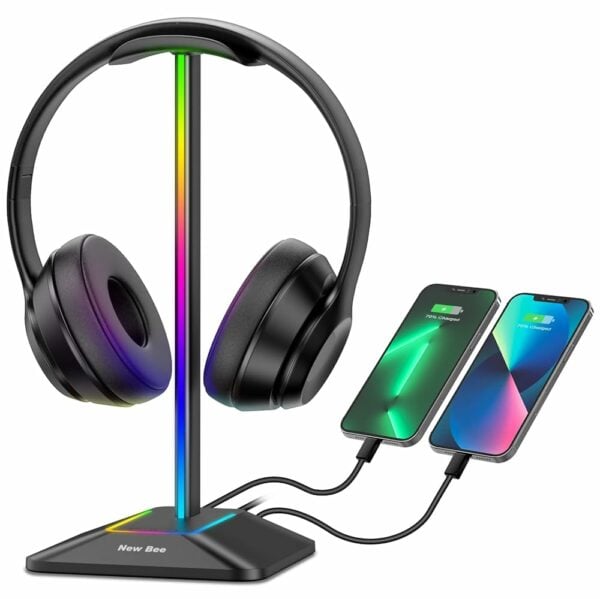 New bee RGB Headphone Stand with 1 USB-C Charging Port and 1 USB Charging Port, Desk Gaming Headset Holder with 7 Light Modes and Non-Slip Rubber Base Suitable for All Earphone Accessories (Black)